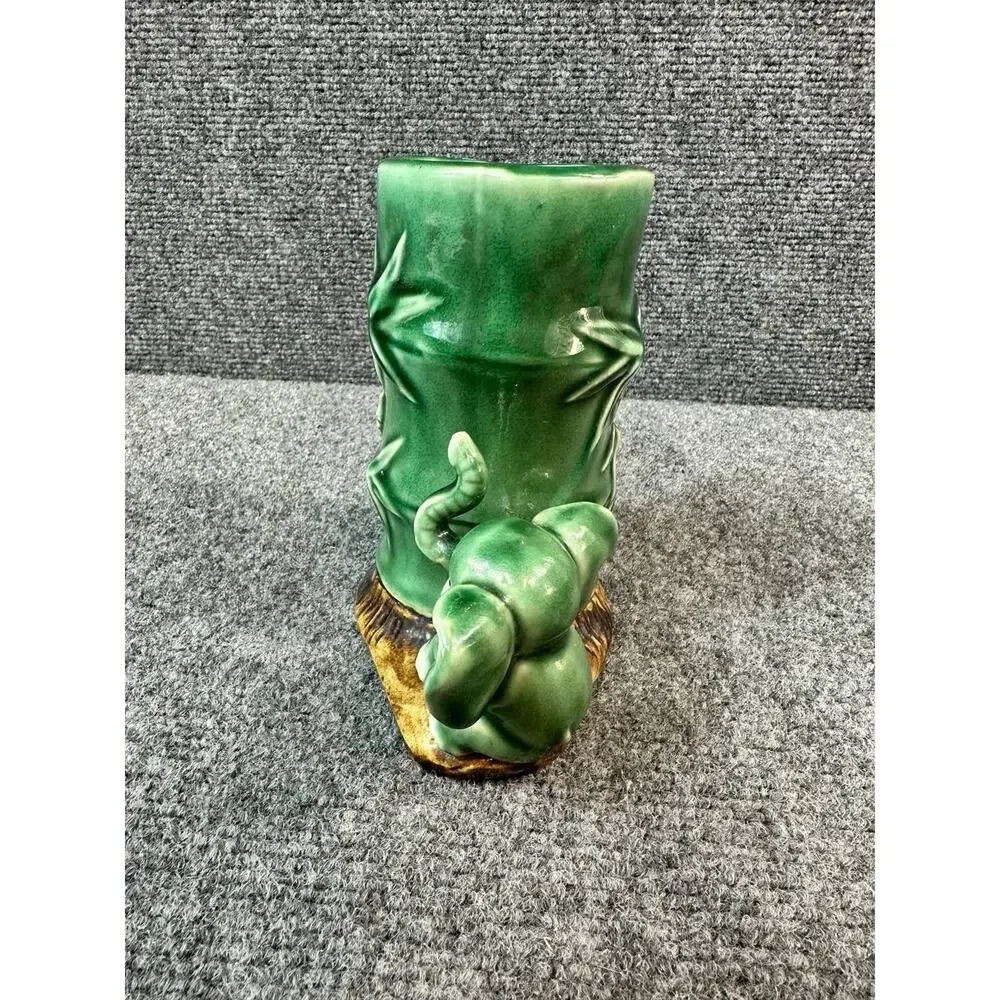 Vintage Ceramic Bamboo Vase with Elephant Figurine 6” Handcrafted – Used